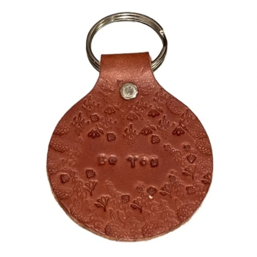 Handmade stamped brown Be You floral 100% leather key silver‎ chain/ring